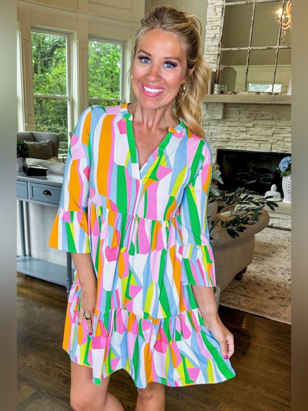 #9: NWT Geometric Print Tiered Mini Dress – Bell Sleeves